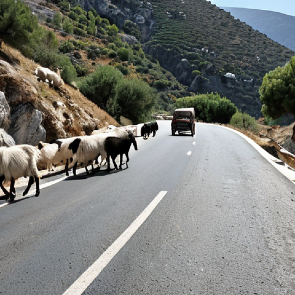 **

A winding mountain road in Greece with a herd of goats crossing. Focus on the unpredictable nature of the roads and the presence of animals. The road should be narrow and appear somewhat damaged.

**