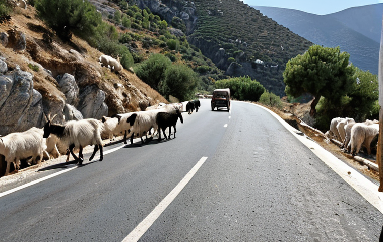 **
A winding mountain road in Greece with a herd of goats crossing. Focus on the unpredictable nature of the roads and the presence of animals. The road should be narrow and appear somewhat damaged.
**